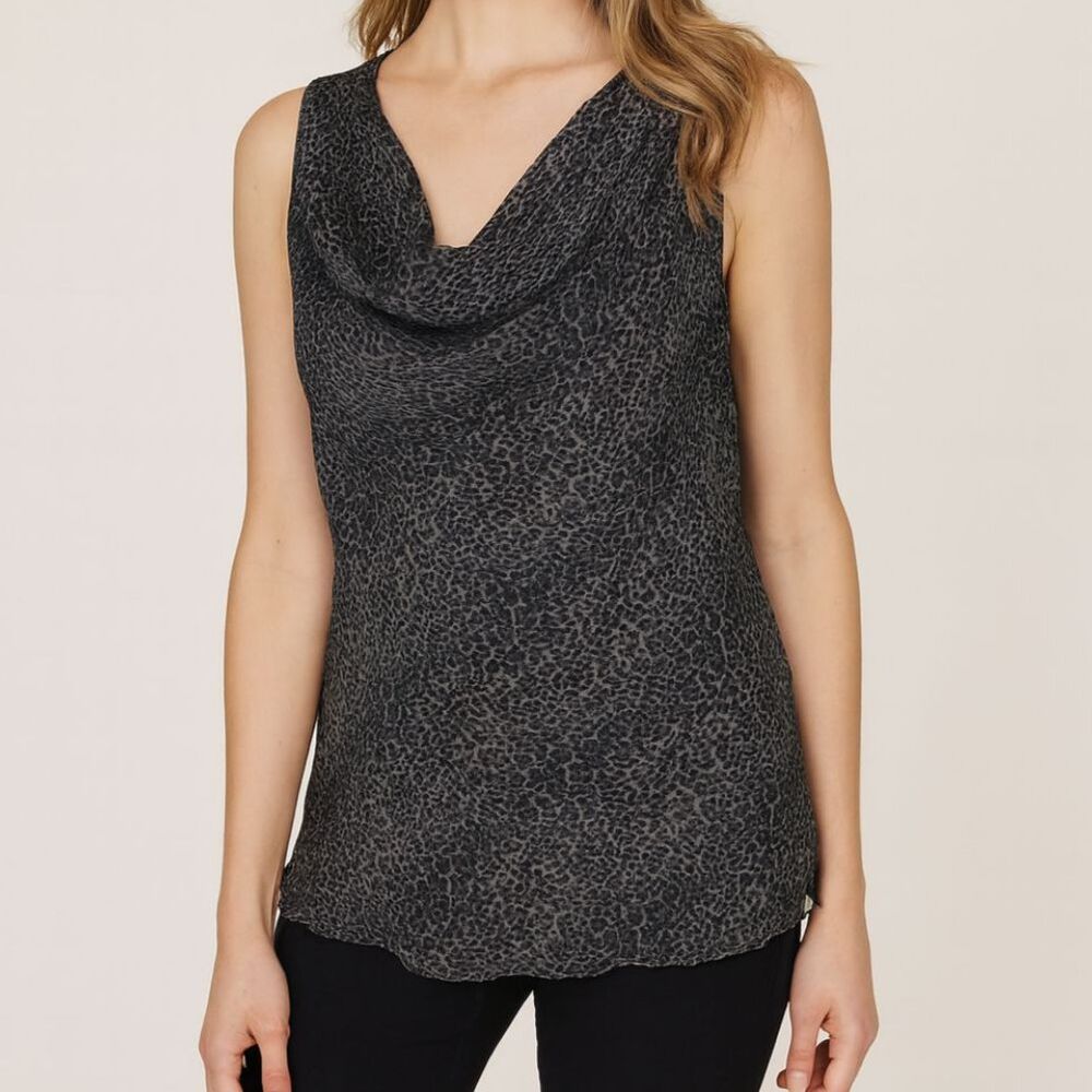 Prontomoda Silk Leopard Print Cowl Neck Top Gray Black Size Small